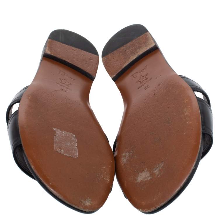 Pre Owned Dior Black Leather 30 MONTAIGNE Flat Slide Sandals Size 38