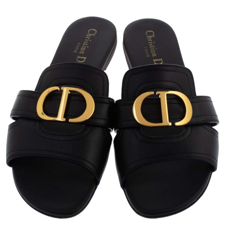 Pre Owned Dior Black Leather 30 MONTAIGNE Flat Slide Sandals Size 38