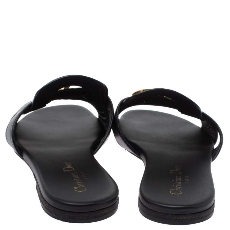 Pre Owned Dior Black Leather 30 MONTAIGNE Flat Slide Sandals Size 38