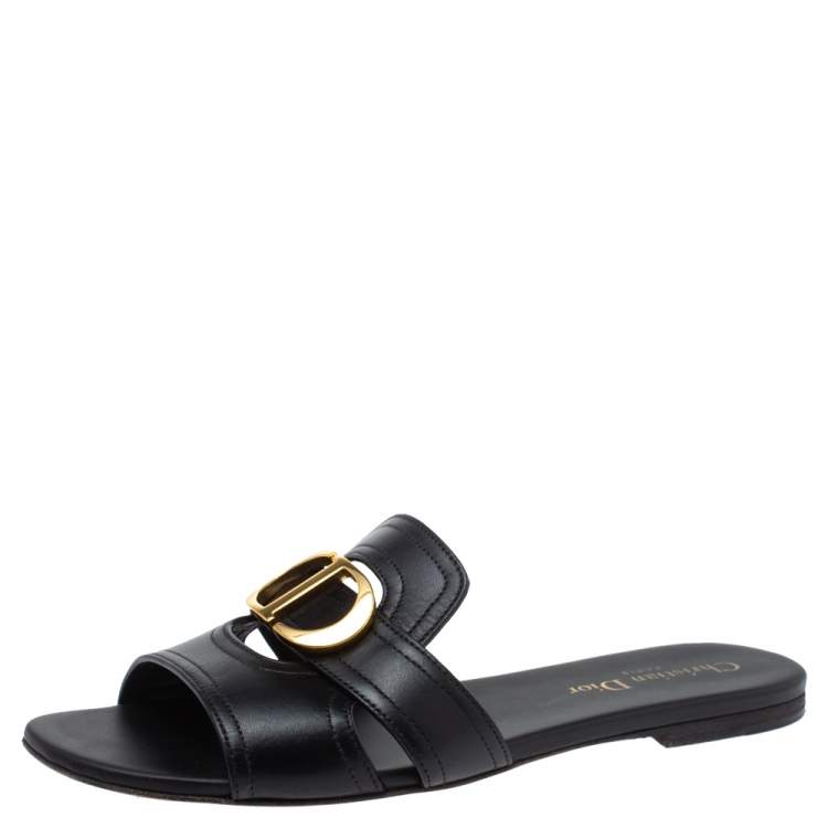 Pre Owned Dior Black Leather 30 MONTAIGNE Flat Slide Sandals Size 38