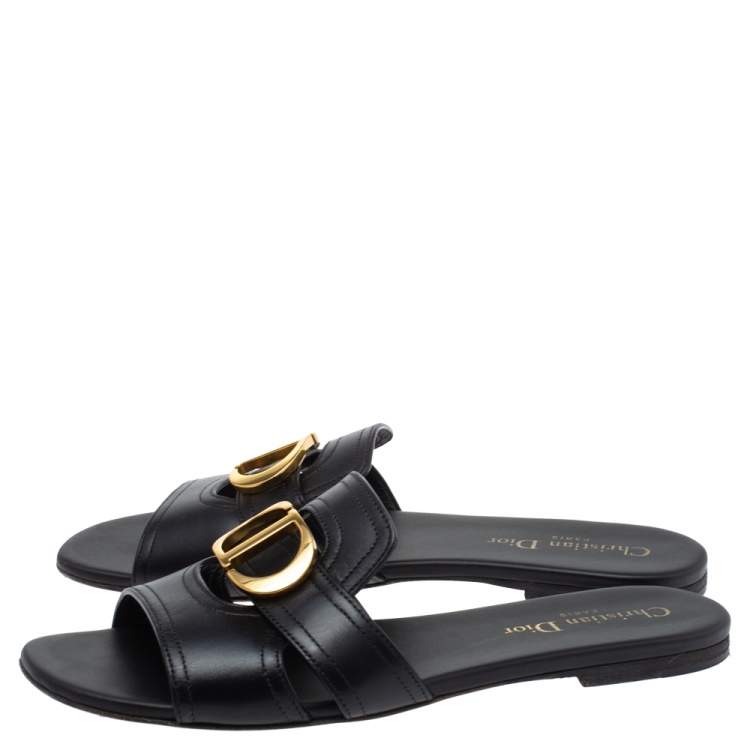 Pre Owned Dior Black Leather 30 MONTAIGNE Flat Slide Sandals Size 38