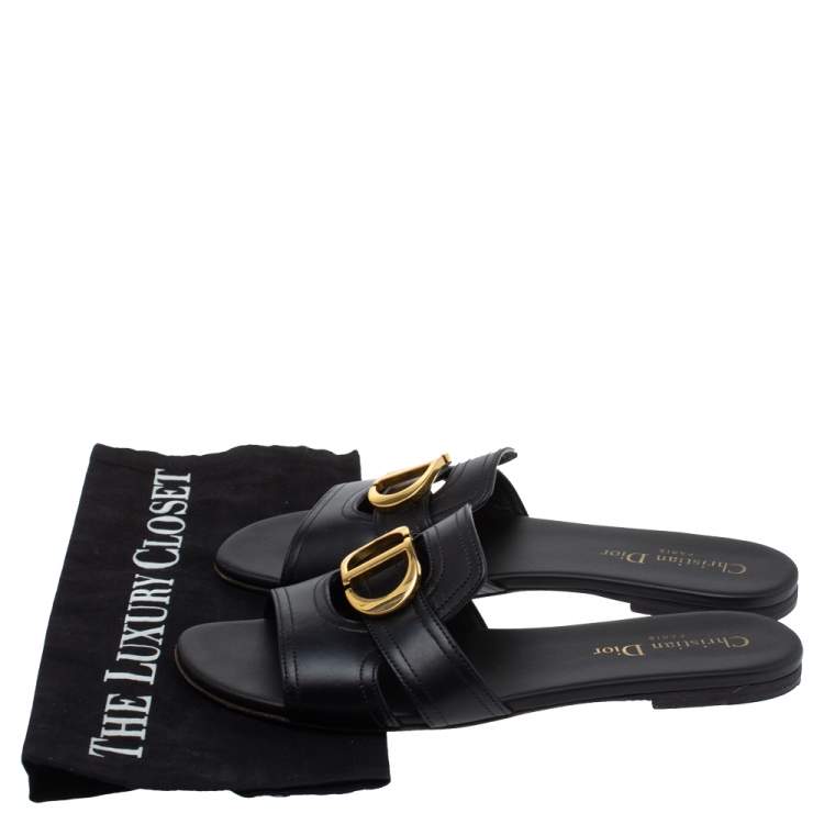 Pre Owned Dior Black Leather 30 MONTAIGNE Flat Slide Sandals Size 38