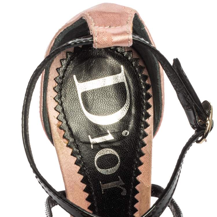 Pre Owned Dior Pink/Black Satin And Leather Chain Embellished Ankle Strap Sandals Size 36