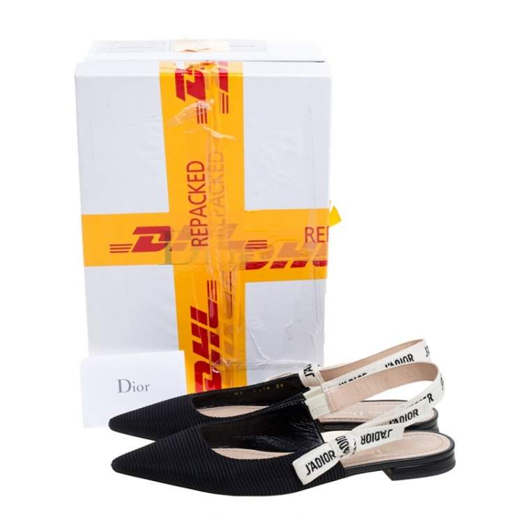 Pre Owned Dior Black Technical Fabric And J'adior Ribbon Pointed Toe Slingback Flats Size 39