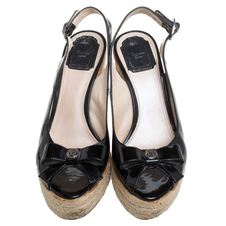 Pre Owned Dior Black Patent Leather Bow Espadrille Wedge Slingback Sandals Size 38