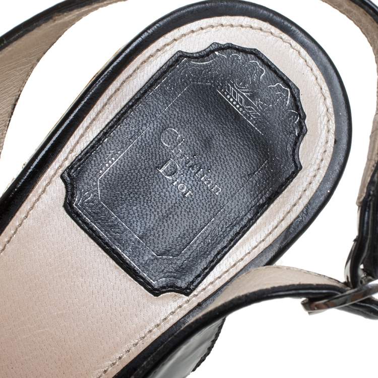 Pre Owned Dior Black Patent Leather Bow Espadrille Wedge Slingback Sandals Size 38