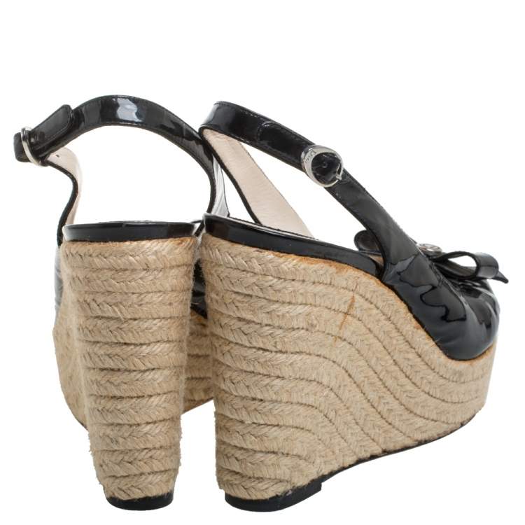 Pre Owned Dior Black Patent Leather Bow Espadrille Wedge Slingback Sandals Size 38