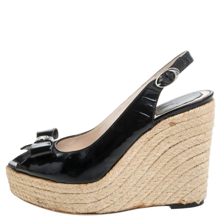 Pre Owned Dior Black Patent Leather Bow Espadrille Wedge Slingback Sandals Size 38