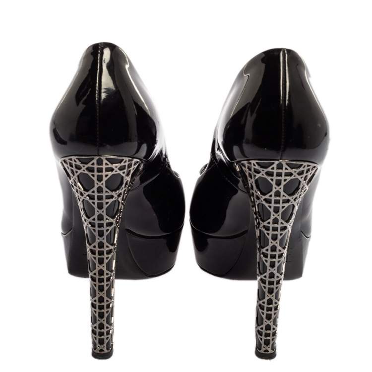 Pre Owned Dior Black Patent Leather Peep Toe Cannage Heel Platform Pumps Size 39