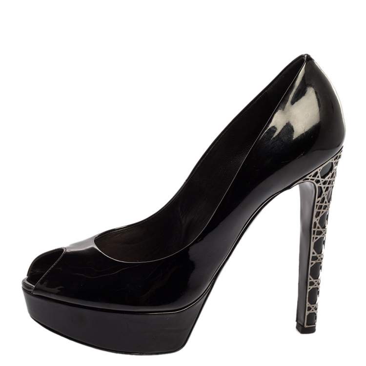 Pre Owned Dior Black Patent Leather Peep Toe Cannage Heel Platform Pumps Size 39
