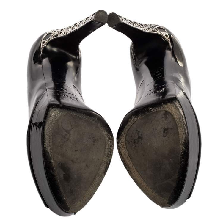 Pre Owned Dior Black Patent Leather Peep Toe Cannage Heel Platform Pumps Size 39