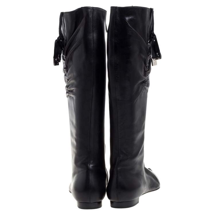 Pre Owned Dior Black Leather Pleated Bow Detail Knee Length Boots Size 39