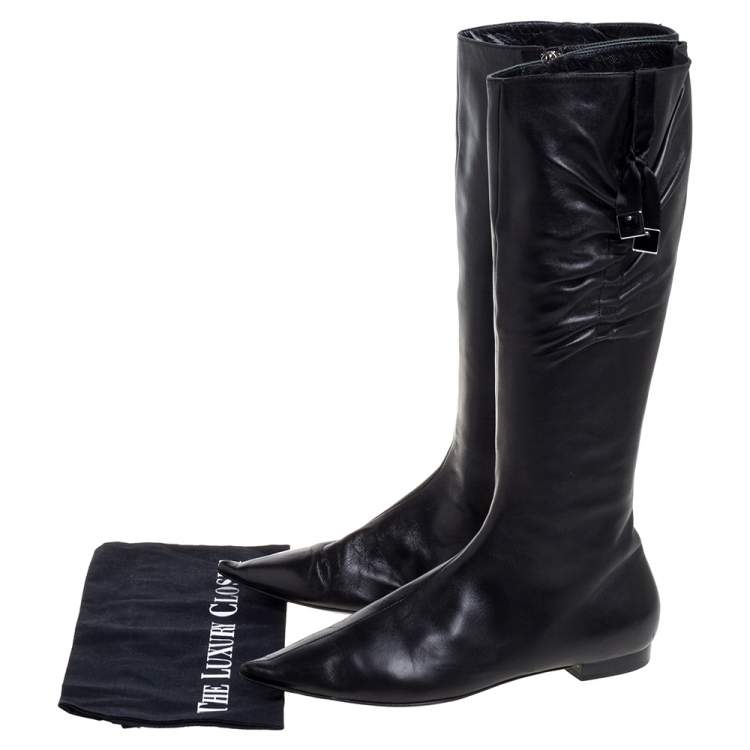 Pre Owned Dior Black Leather Pleated Bow Detail Knee Length Boots Size 39