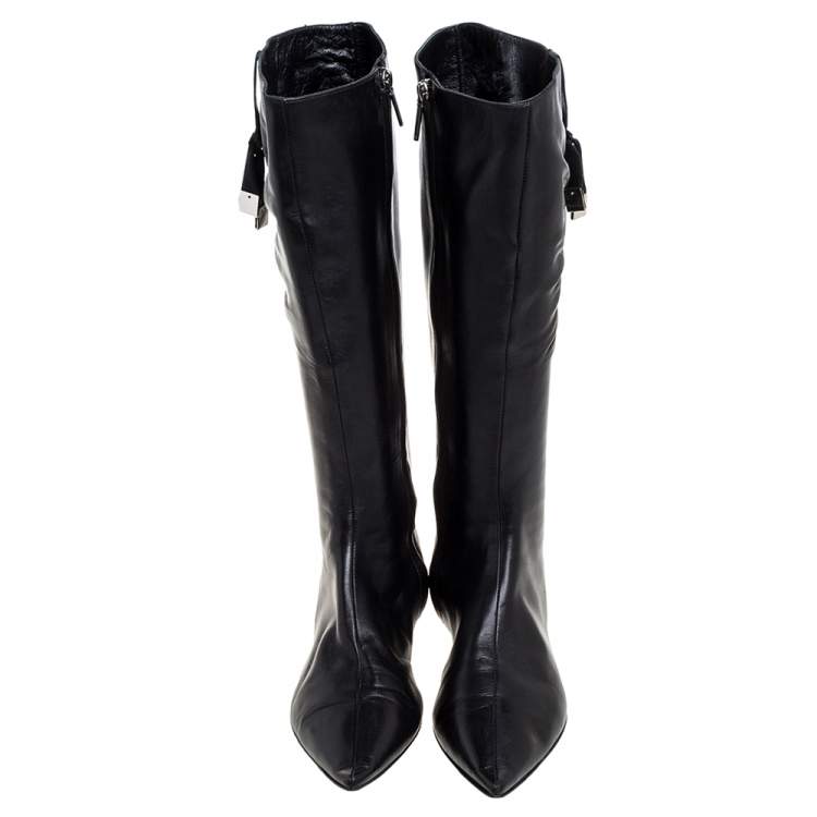 Pre Owned Dior Black Leather Pleated Bow Detail Knee Length Boots Size 39
