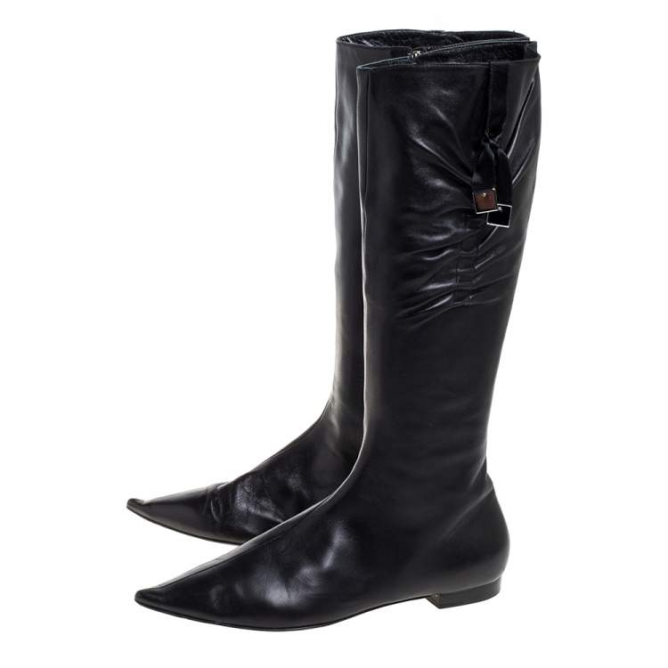 Pre Owned Dior Black Leather Pleated Bow Detail Knee Length Boots Size 39