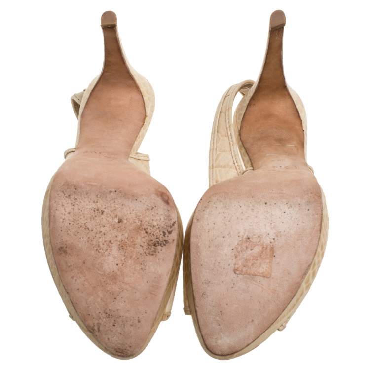 Pre Owned Dior Beige Croc Embossed Leather Platform Slingback Sandals Size 39.5