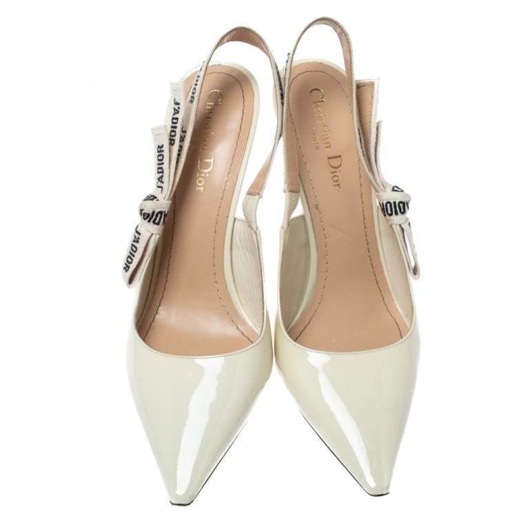 Pre Owned Dior White Patent Leather J'adior Ribbon Pointed Toe Slingback Pumps Size 40