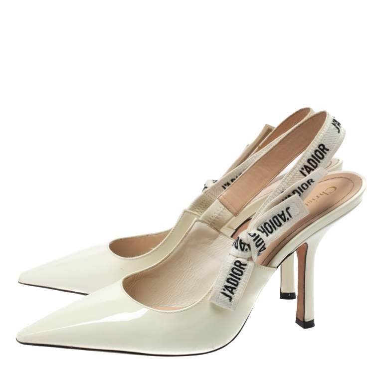 Pre Owned Dior White Patent Leather J'adior Ribbon Pointed Toe Slingback Pumps Size 40