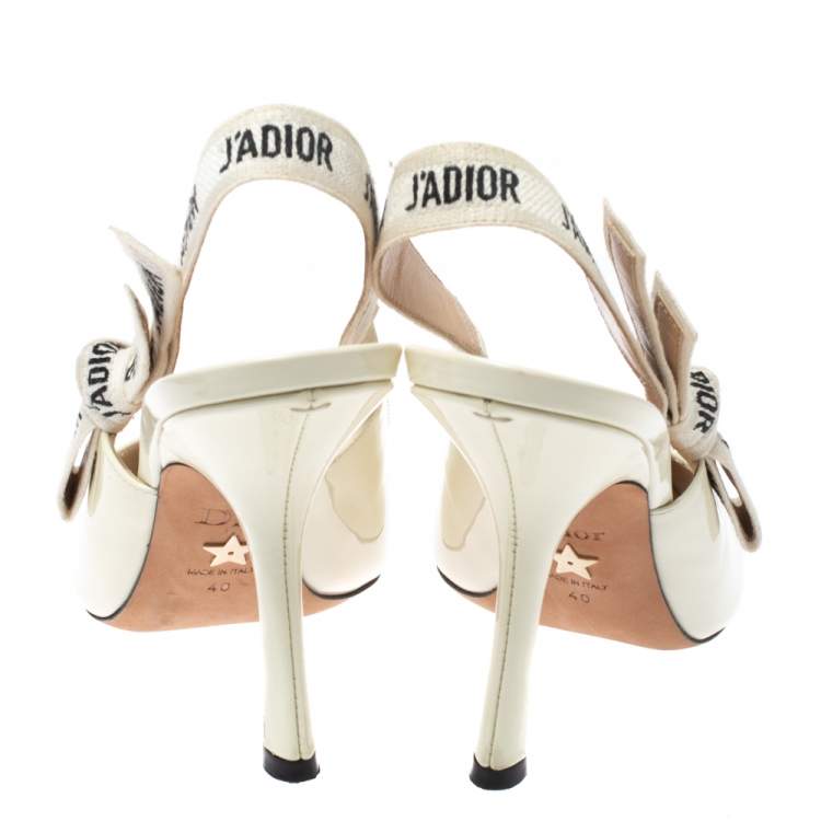 Pre Owned Dior White Patent Leather J'adior Ribbon Pointed Toe Slingback Pumps Size 40