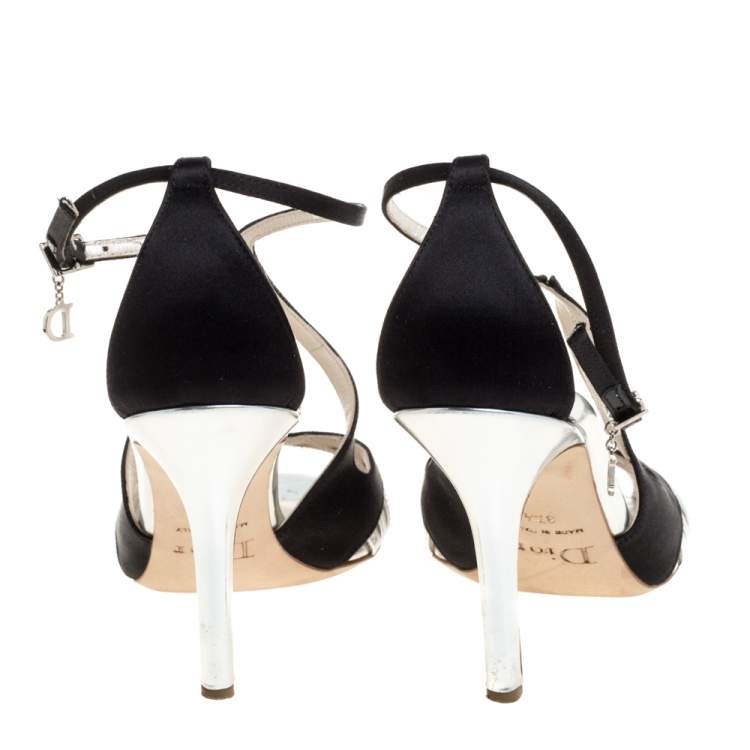 Pre Owned Dior Black/Silver Satin and Leather Strappy Ankle Strap Sandals Size 37.5