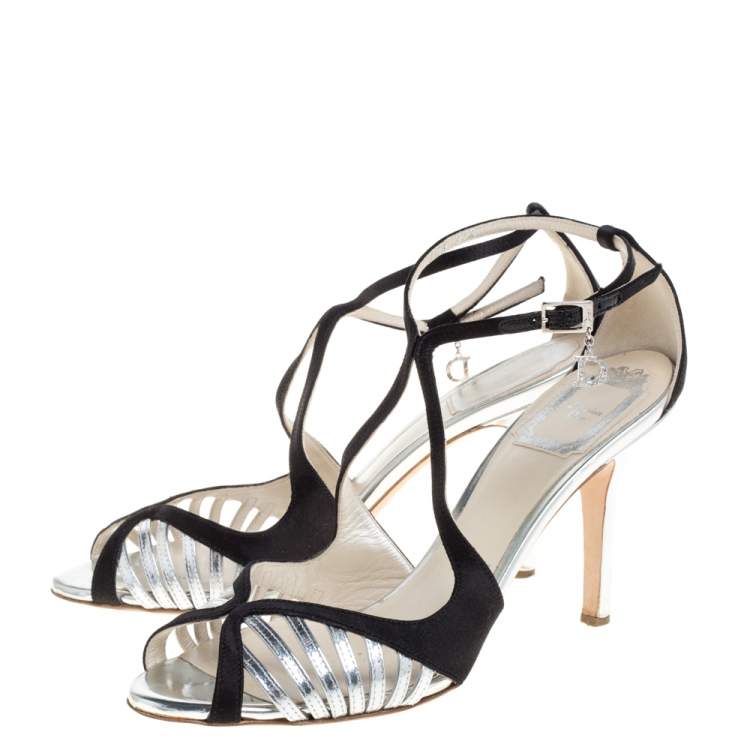 Pre Owned Dior Black/Silver Satin and Leather Strappy Ankle Strap Sandals Size 37.5