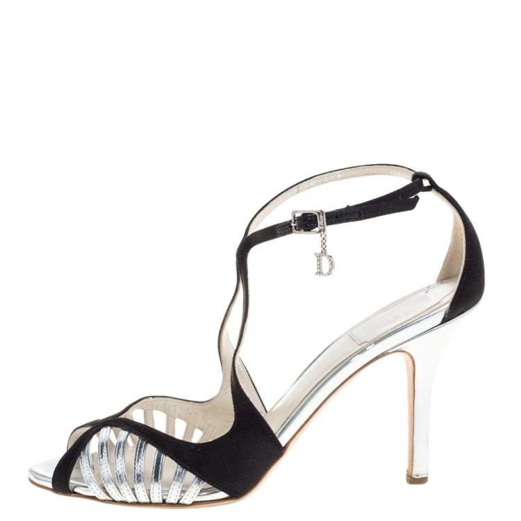 Pre Owned Dior Black/Silver Satin and Leather Strappy Ankle Strap Sandals Size 37.5
