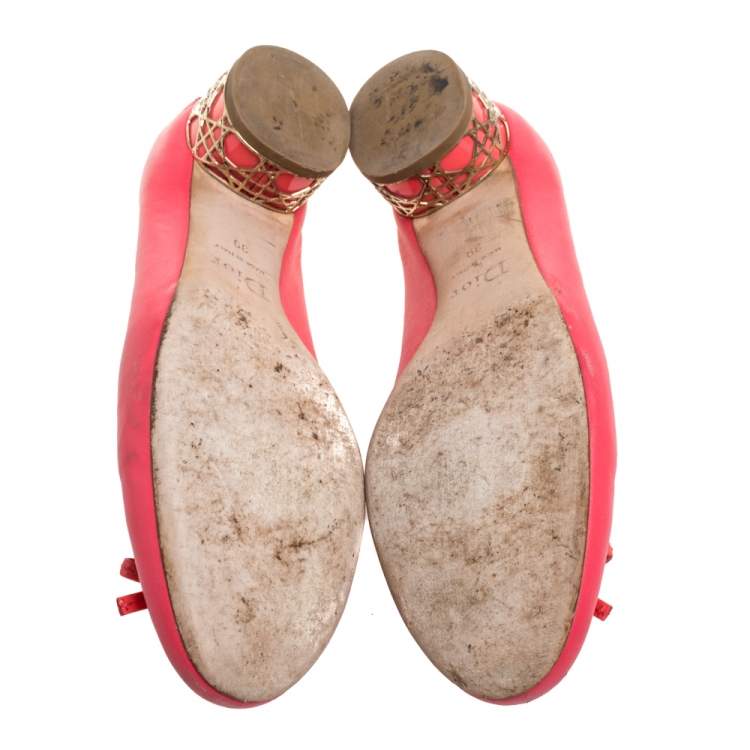 Pre Owned Dior Pink Leather Bow Round Toe Ballet Pumps Size 39