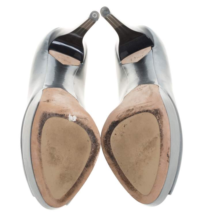 Pre Owned Dior Silver Patent Leather Miss Dior Peep Toe Ombre Lucite Heel Platform Pumps Size 40