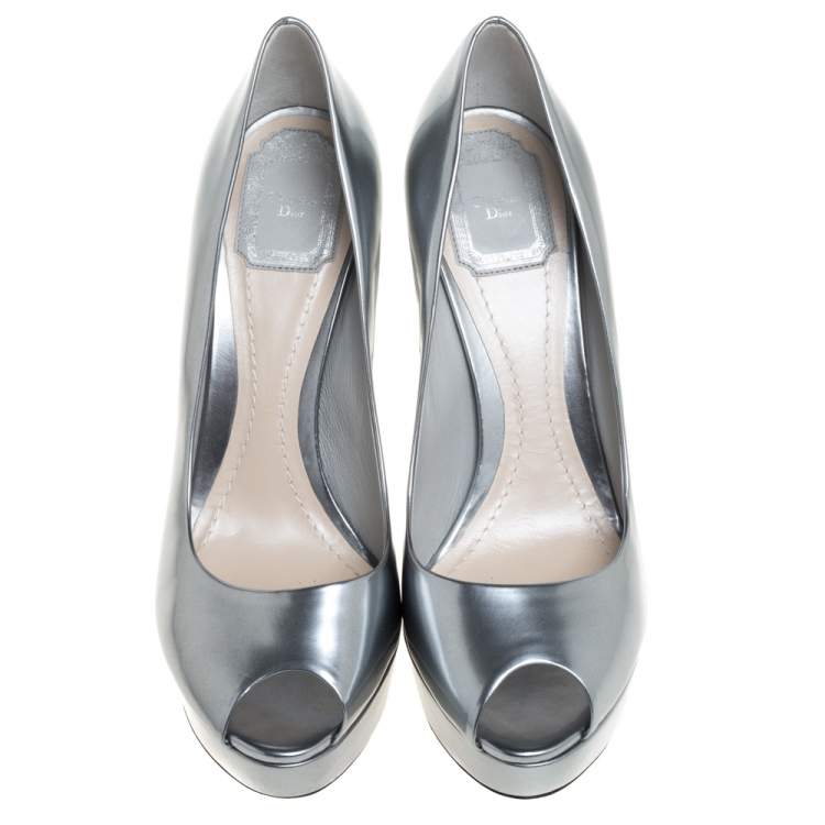 Pre Owned Dior Silver Patent Leather Miss Dior Peep Toe Ombre Lucite Heel Platform Pumps Size 40