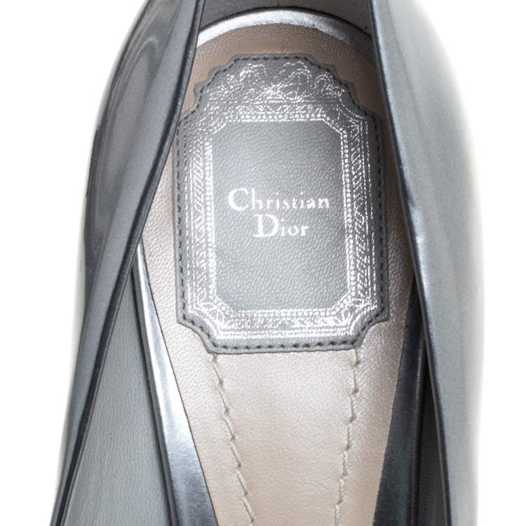 Pre Owned Dior Silver Patent Leather Miss Dior Peep Toe Ombre Lucite Heel Platform Pumps Size 40