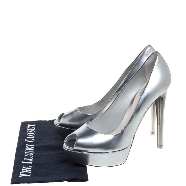 Pre Owned Dior Silver Patent Leather Miss Dior Peep Toe Ombre Lucite Heel Platform Pumps Size 40