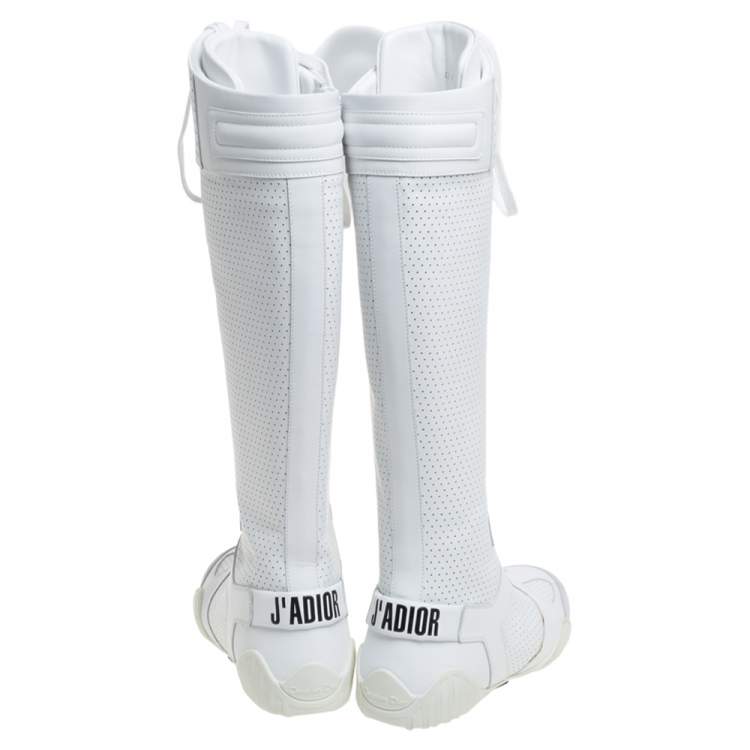 Pre Owned Dior White Perforated Leather D-Fence Knee-High Lace-up Sneaker Size 36.5