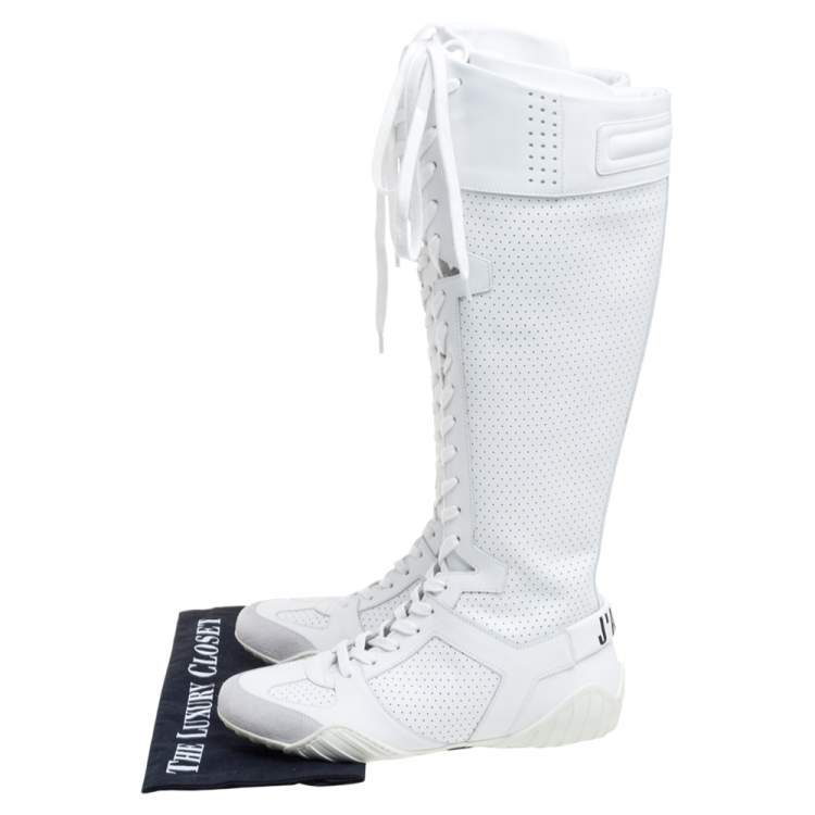 Pre Owned Dior White Perforated Leather D-Fence Knee-High Lace-up Sneaker Size 36.5