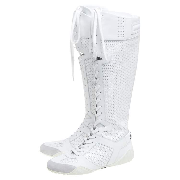 Pre Owned Dior White Perforated Leather D-Fence Knee-High Lace-up Sneaker Size 36.5