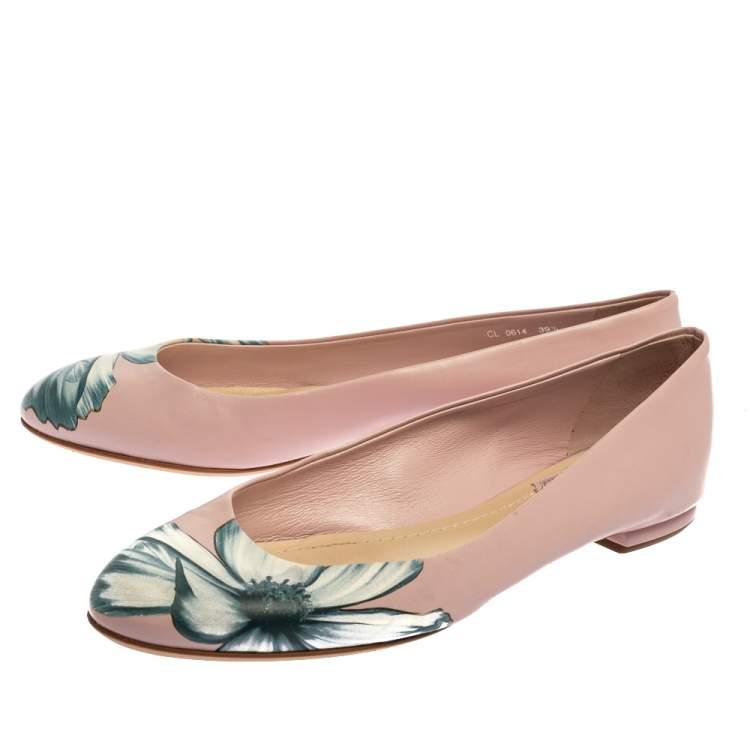 Pre Owned Dior Pink Floral Print Leather Ballet Flats Size 39.5