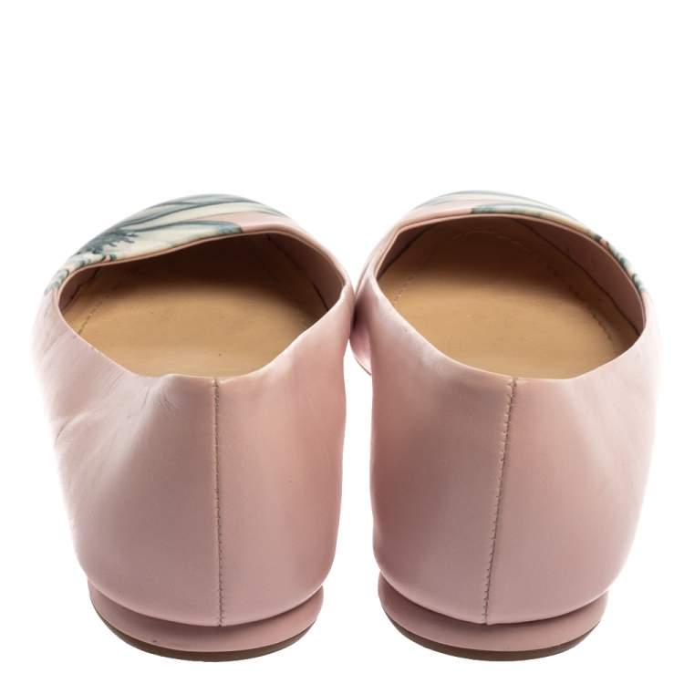 Pre Owned Dior Pink Floral Print Leather Ballet Flats Size 39.5
