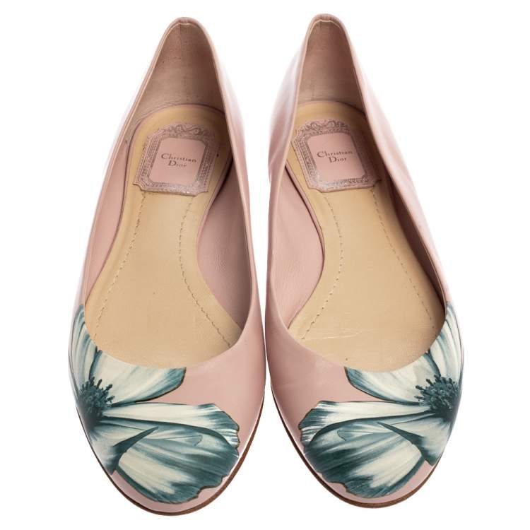 Pre Owned Dior Pink Floral Print Leather Ballet Flats Size 39.5