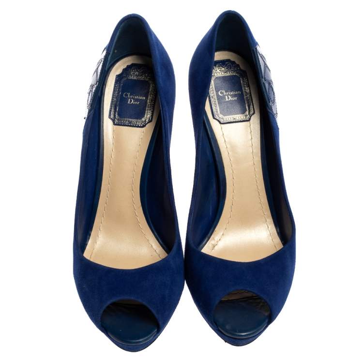 Pre Owned Dior Royal Blue Suede and Patent Leather Floral Detailed Peep Toe Pumps Size 39.5
