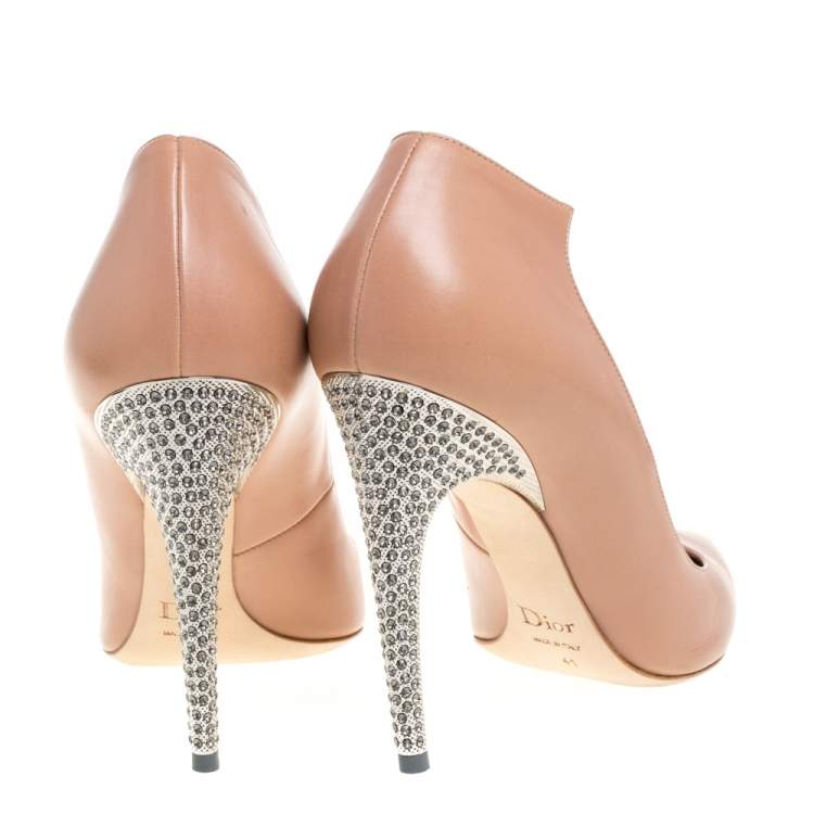 Pre Owned Dior Nude Beige Leather Crystal Embellished Flash Pointed Toe Pumps Size 41