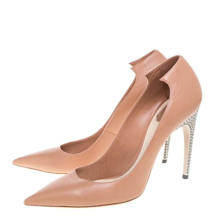 Pre Owned Dior Nude Beige Leather Crystal Embellished Flash Pointed Toe Pumps Size 41