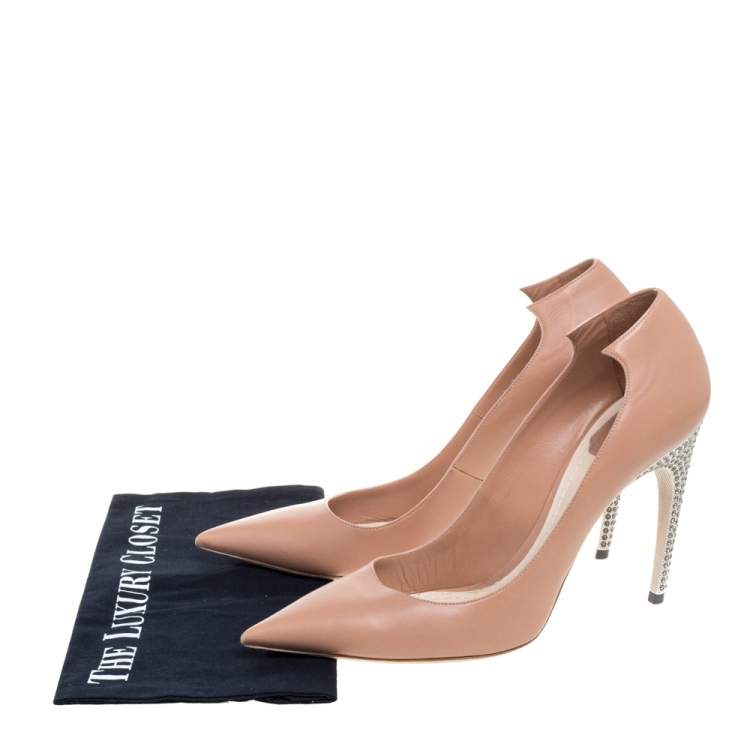 Pre Owned Dior Nude Beige Leather Crystal Embellished Flash Pointed Toe Pumps Size 41
