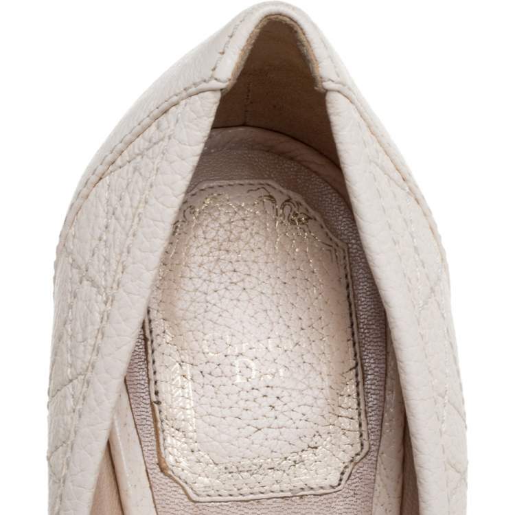 Pre Owned Dior Cream White Cannage Leather Bee Detail Peep Toe Platform Pumps Size 37.5