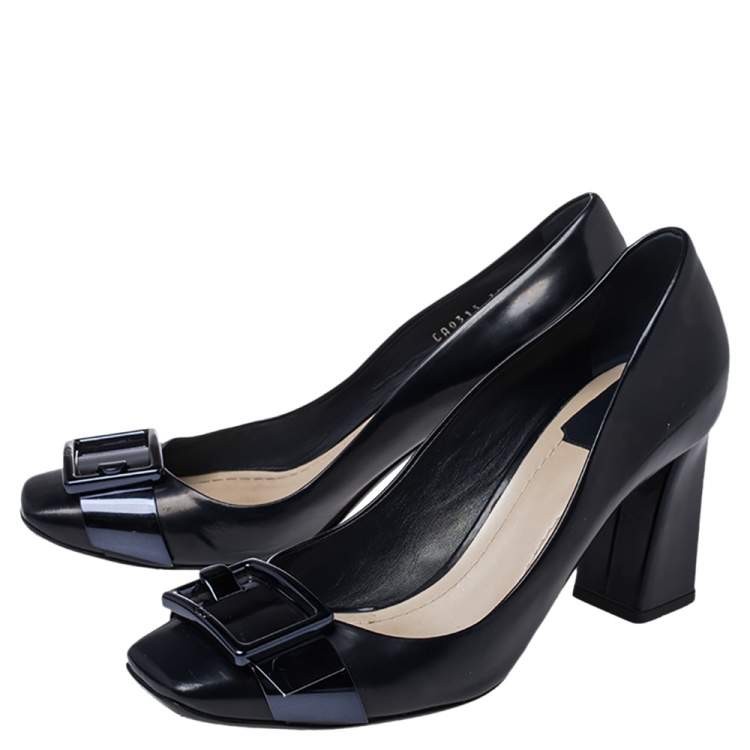 Pre Owned Dior Dark Blue Leather Buckle Detail Block Heel Pumps Size 39