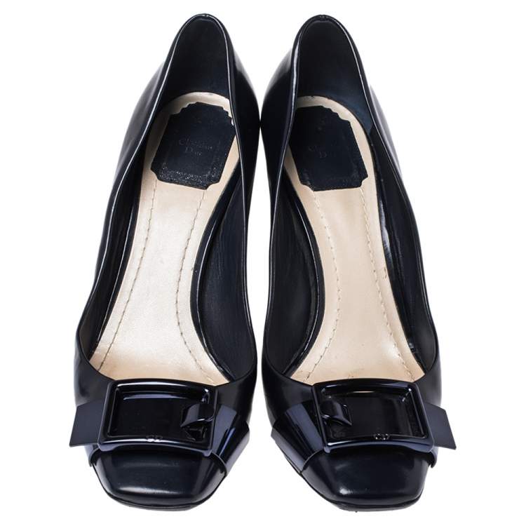 Pre Owned Dior Dark Blue Leather Buckle Detail Block Heel Pumps Size 39