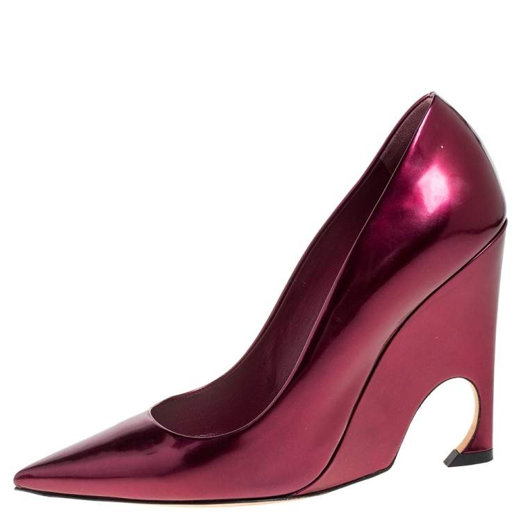Pre Owned Dior Burgundy Patent Leather Optique Wedge Pumps Size 38