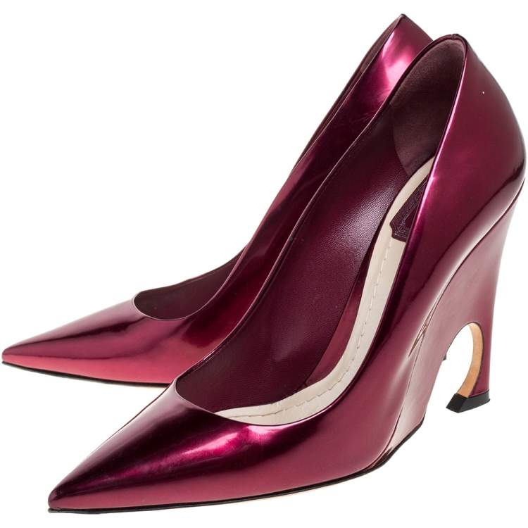 Pre Owned Dior Burgundy Patent Leather Optique Wedge Pumps Size 38