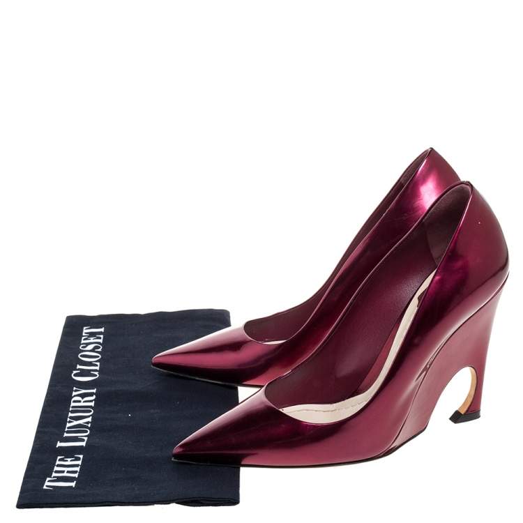 Pre Owned Dior Burgundy Patent Leather Optique Wedge Pumps Size 38
