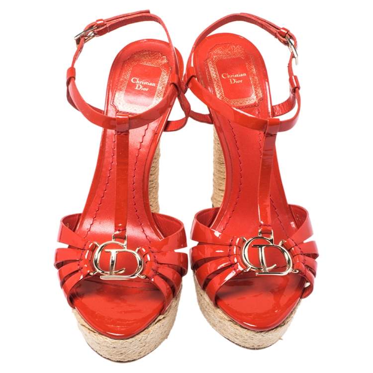 Pre Owned Christian Dior Red Patent Leather CD2 T Strap Espadrilles Sandals Size 38