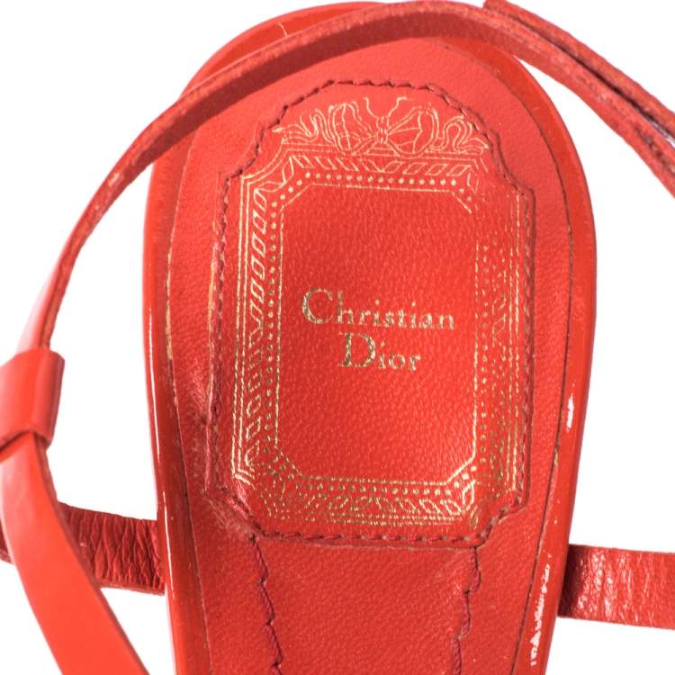 Pre Owned Christian Dior Red Patent Leather CD2 T Strap Espadrilles Sandals Size 38