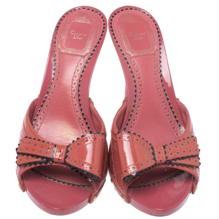 Pre Owned Dior Pink Cannage Patent Leather Bow Slide Sandals Size 38.5